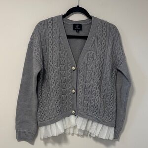 Pink Tartan Gray Cable Knit Cardigan with Pearl Buttons and Tulle Trim